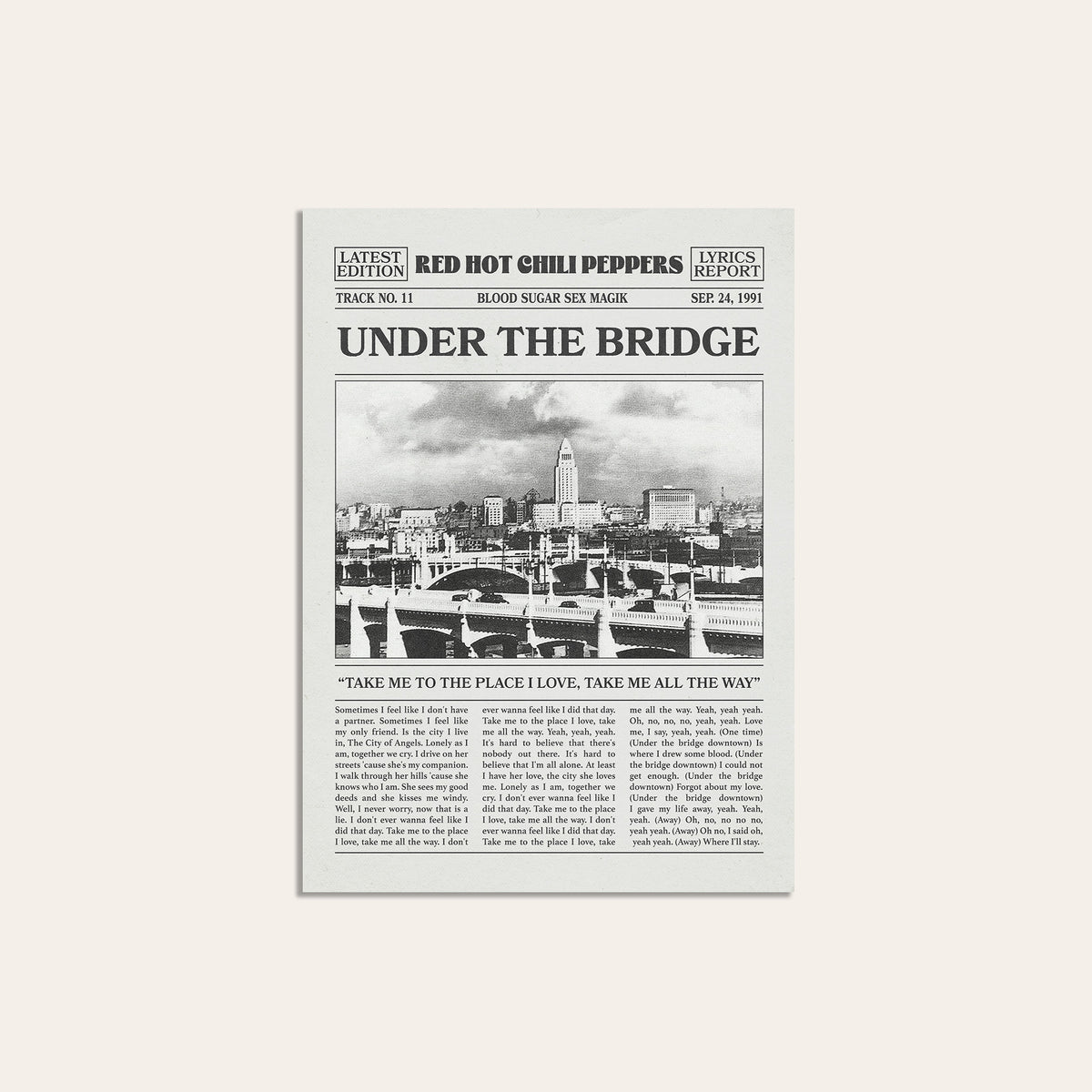 Red Hot Chili Peppers Under the Bridge Cityscape Edition newspaper poster — unframed print