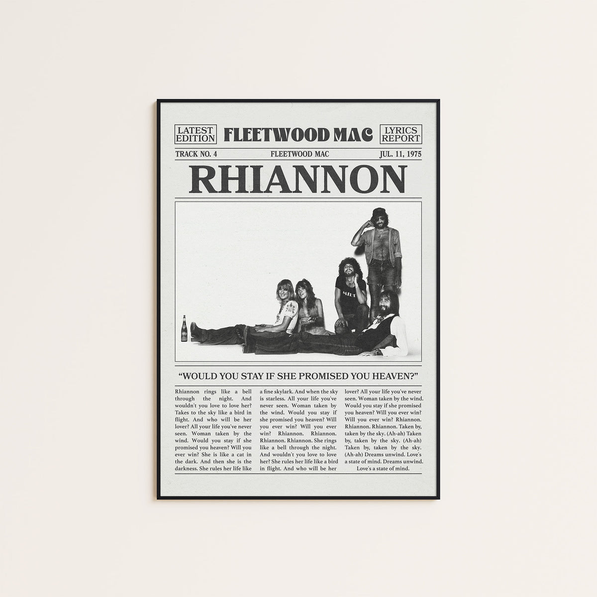 Fleetwood Mac Rhiannon newspaper poster — black frame display