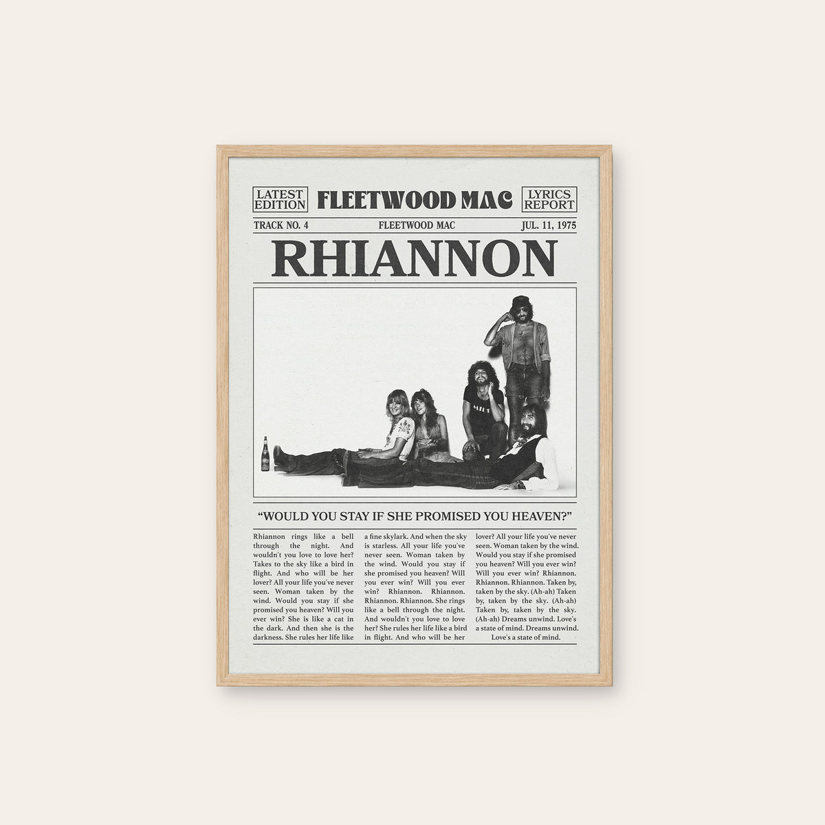 Fleetwood Mac Rhiannon newspaper poster — natural wood frame