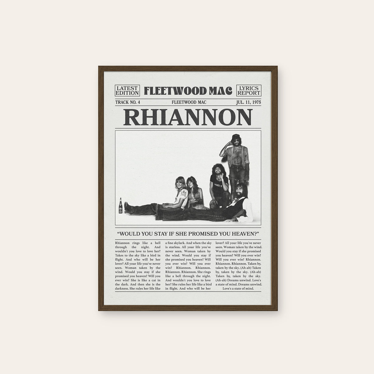 Fleetwood Mac Rhiannon newspaper poster — dark wood frame