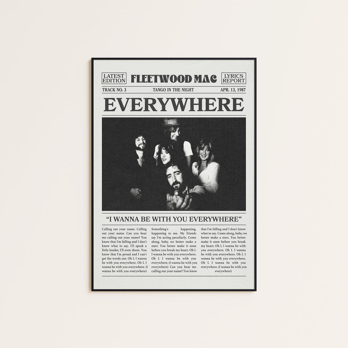 Fleetwood Mac Everywhere newspaper poster — black frame display