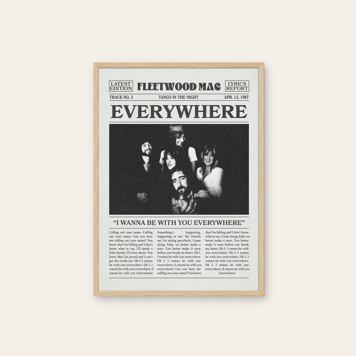 Fleetwood Mac Everywhere newspaper poster — natural wood frame