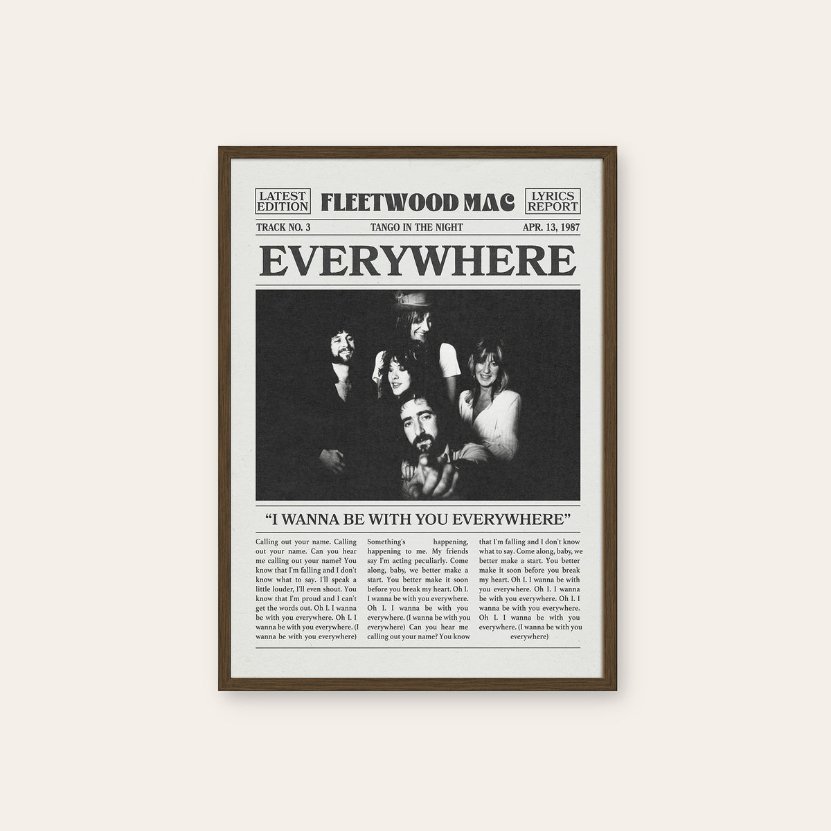 Fleetwood Mac Everywhere newspaper poster — dark wood frame