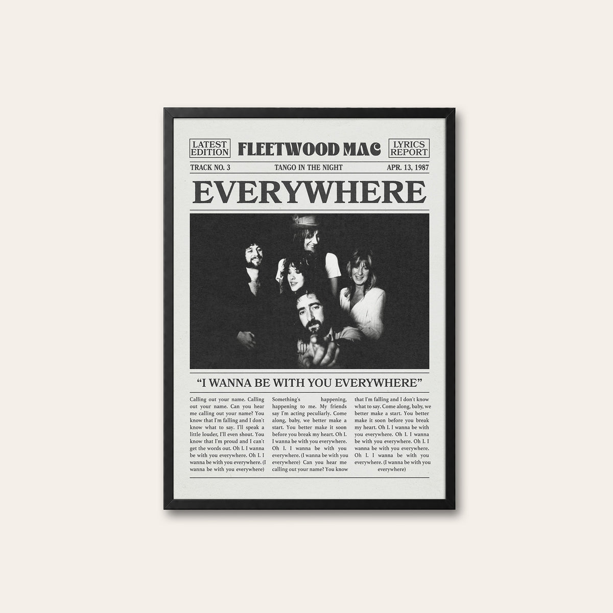 Fleetwood Mac Everywhere newspaper poster — black frame