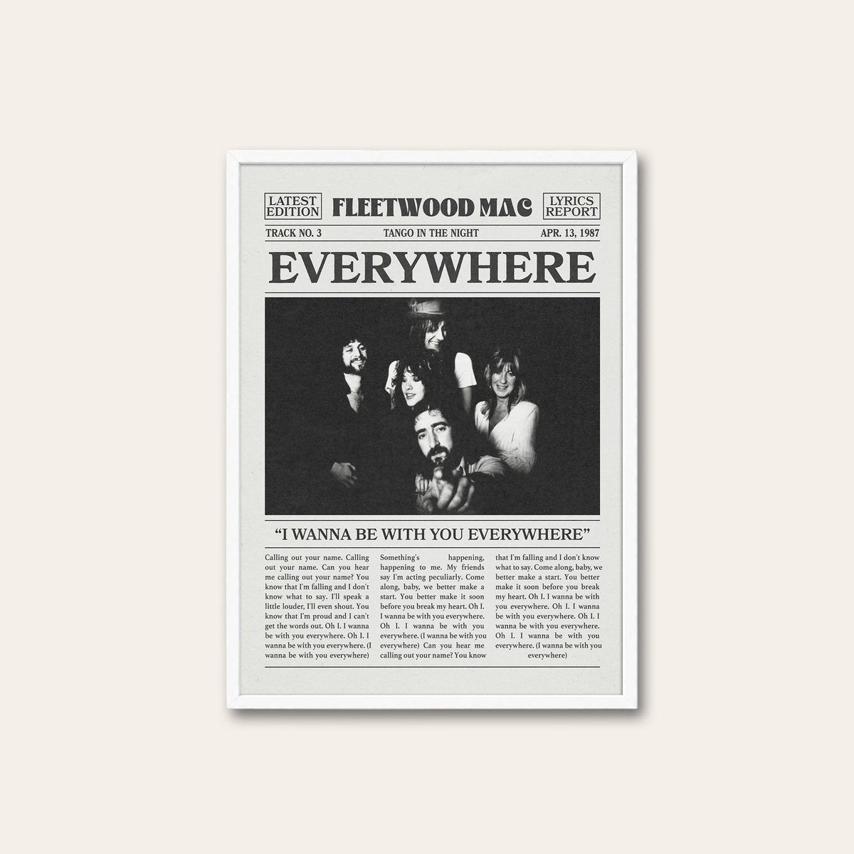 Fleetwood Mac Everywhere newspaper poster — white frame