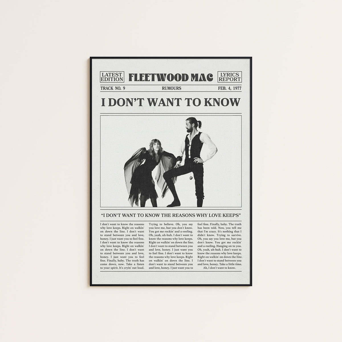 Fleetwood Mac I Don't Want to Know newspaper poster — black frame display