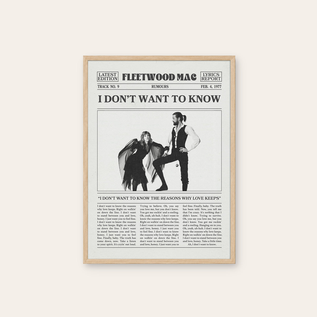 Fleetwood Mac I Don't Want to Know newspaper poster — natural wood frame