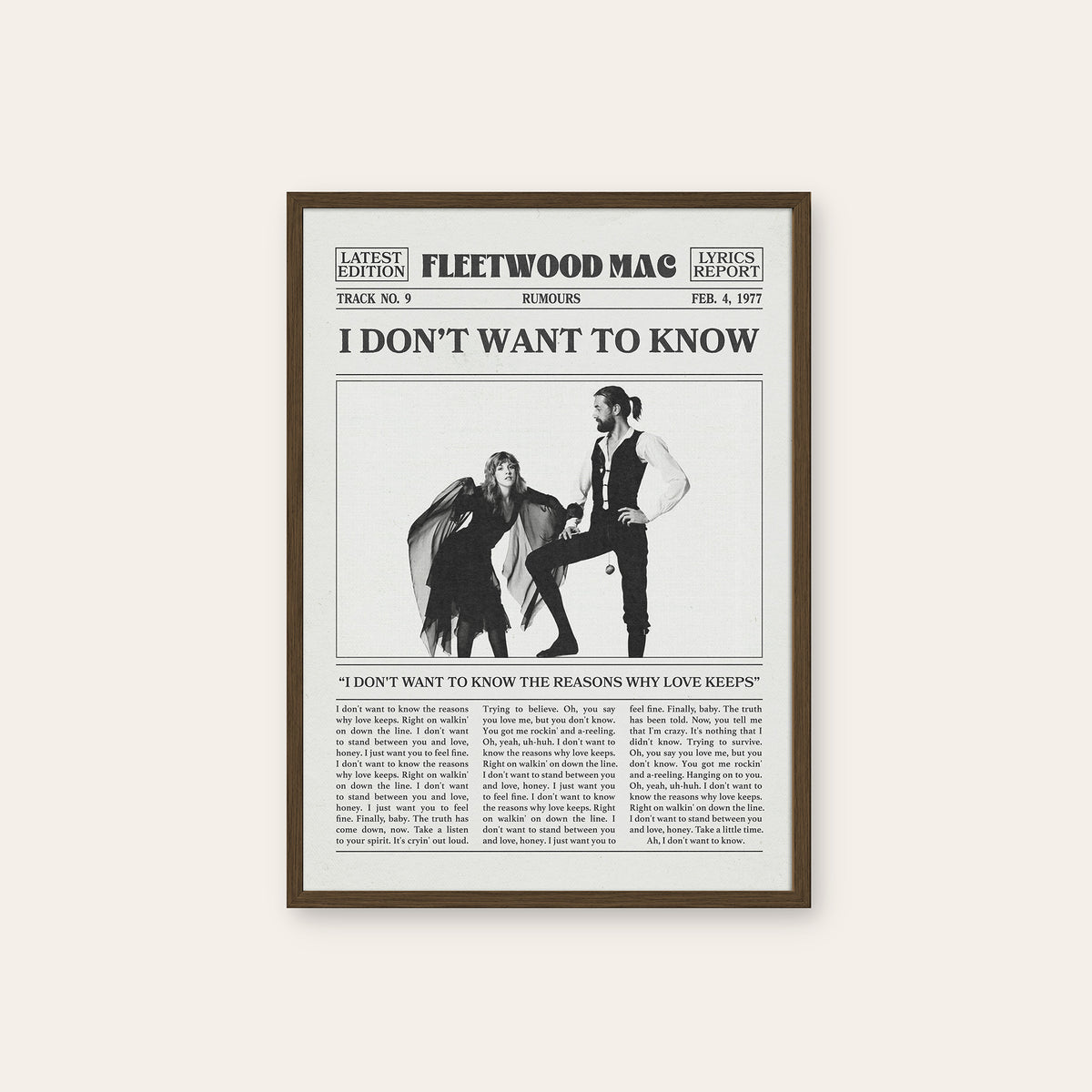 Fleetwood Mac I Don't Want to Know newspaper poster — dark wood frame