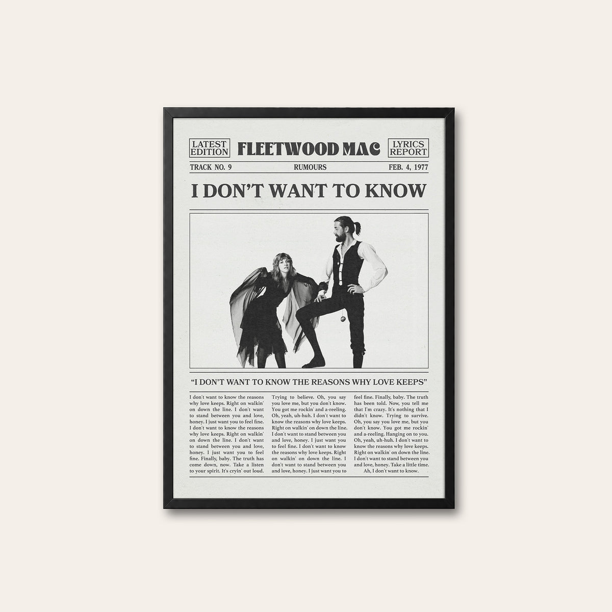 Fleetwood Mac I Don't Want to Know newspaper poster — black frame