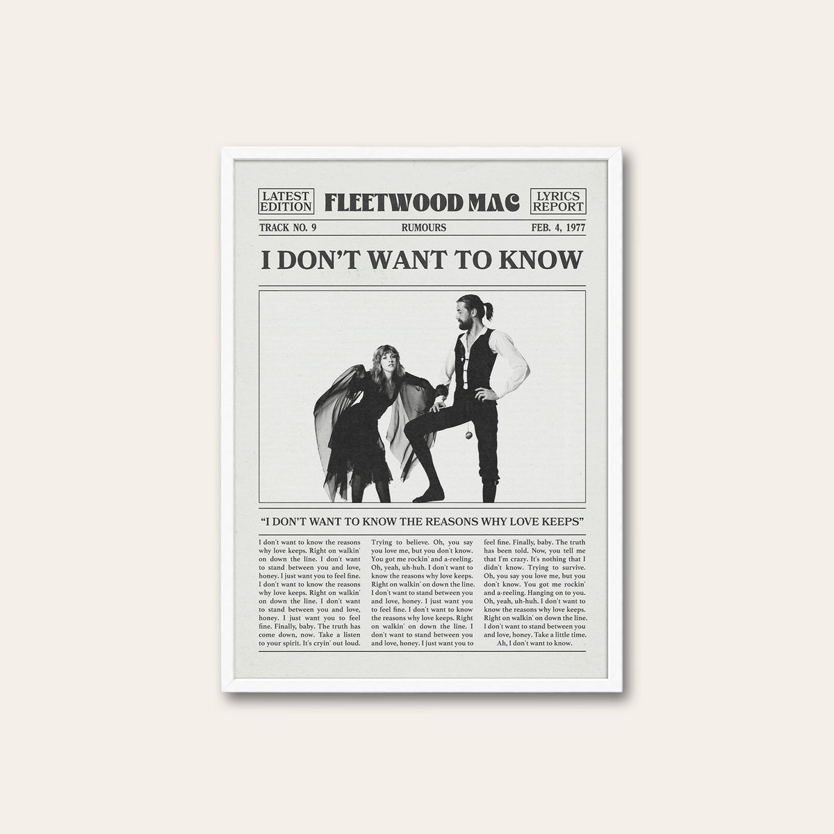 Fleetwood Mac I Don't Want to Know newspaper poster — white frame
