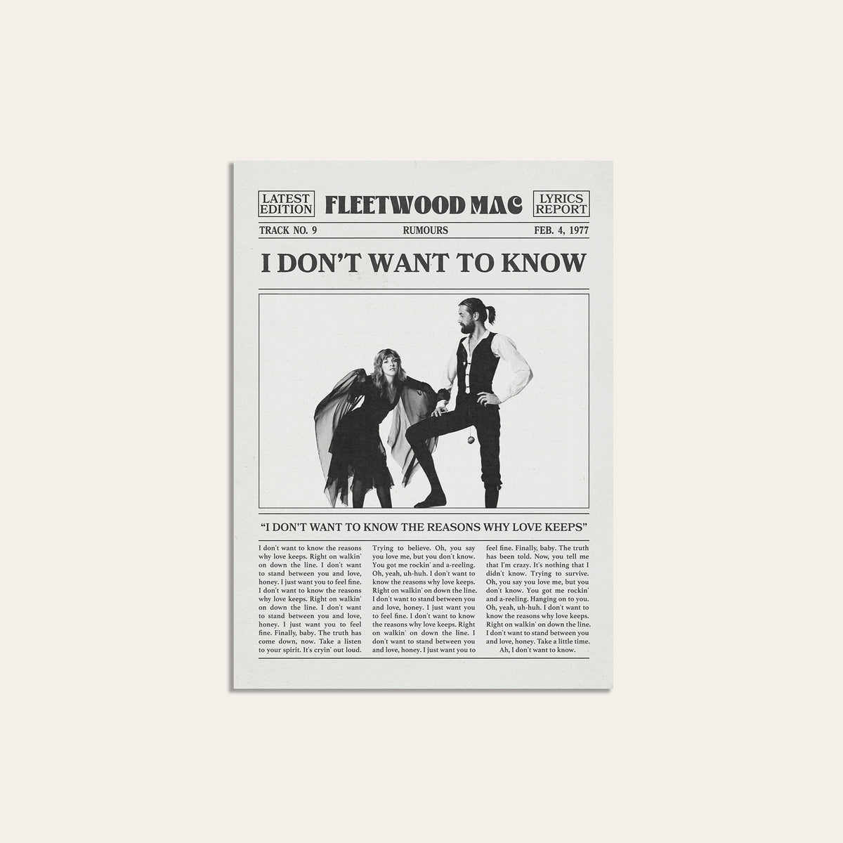 Fleetwood Mac I Don't Want to Know newspaper poster — unframed print