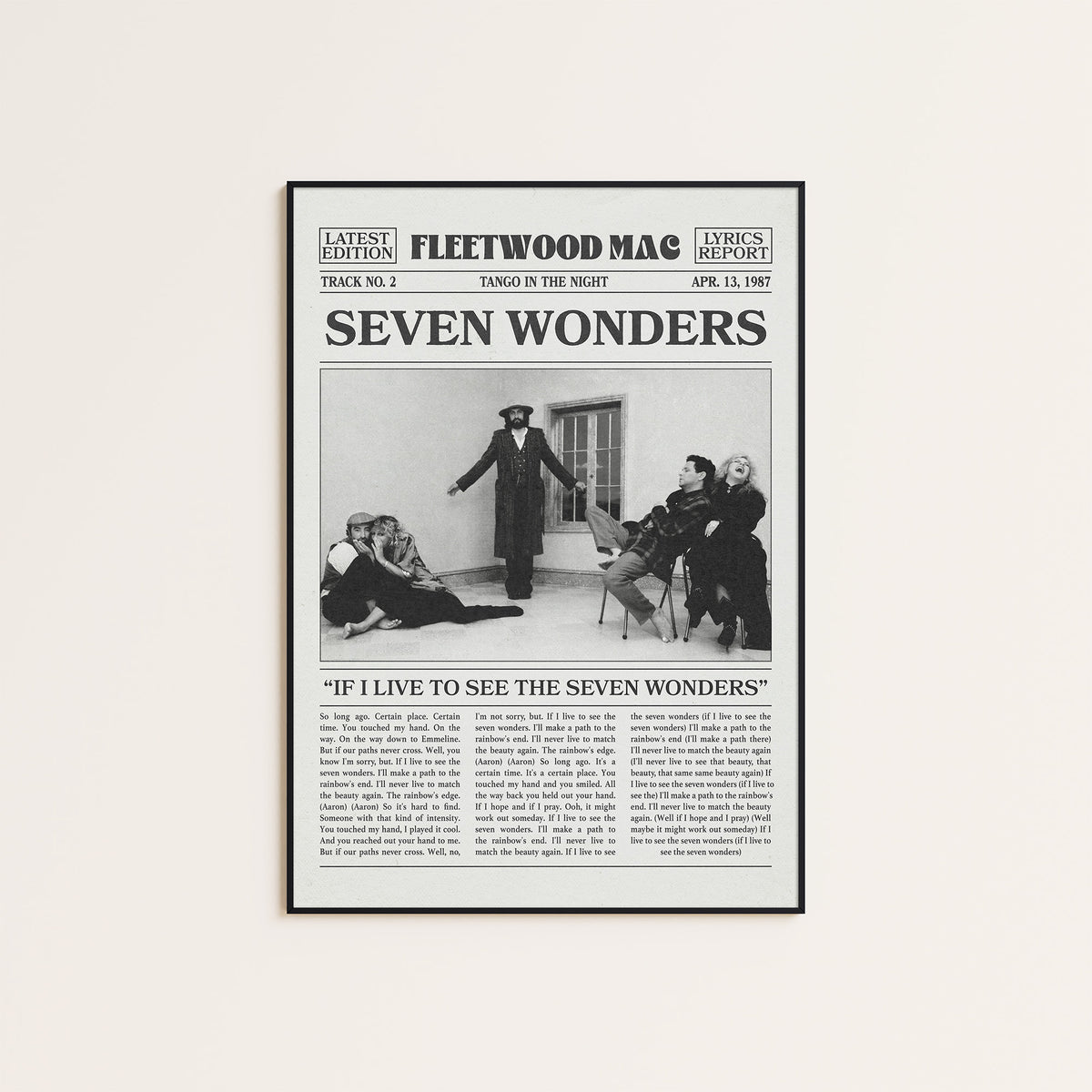 Fleetwood Mac Seven Wonders newspaper poster — black frame display