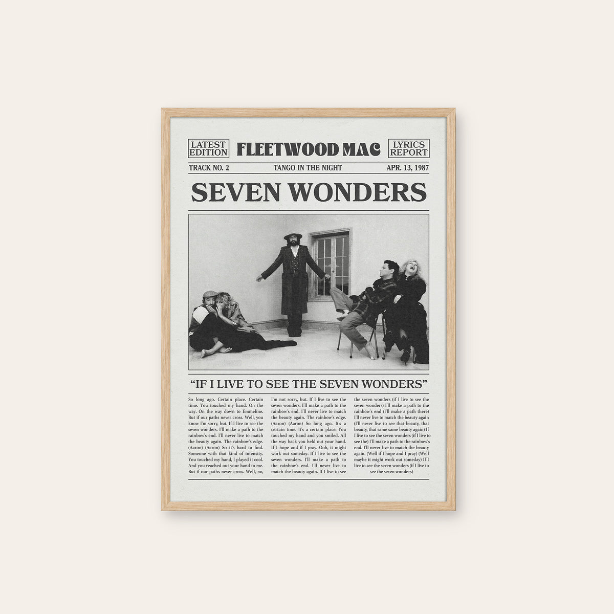 Fleetwood Mac Seven Wonders newspaper poster — natural wood frame