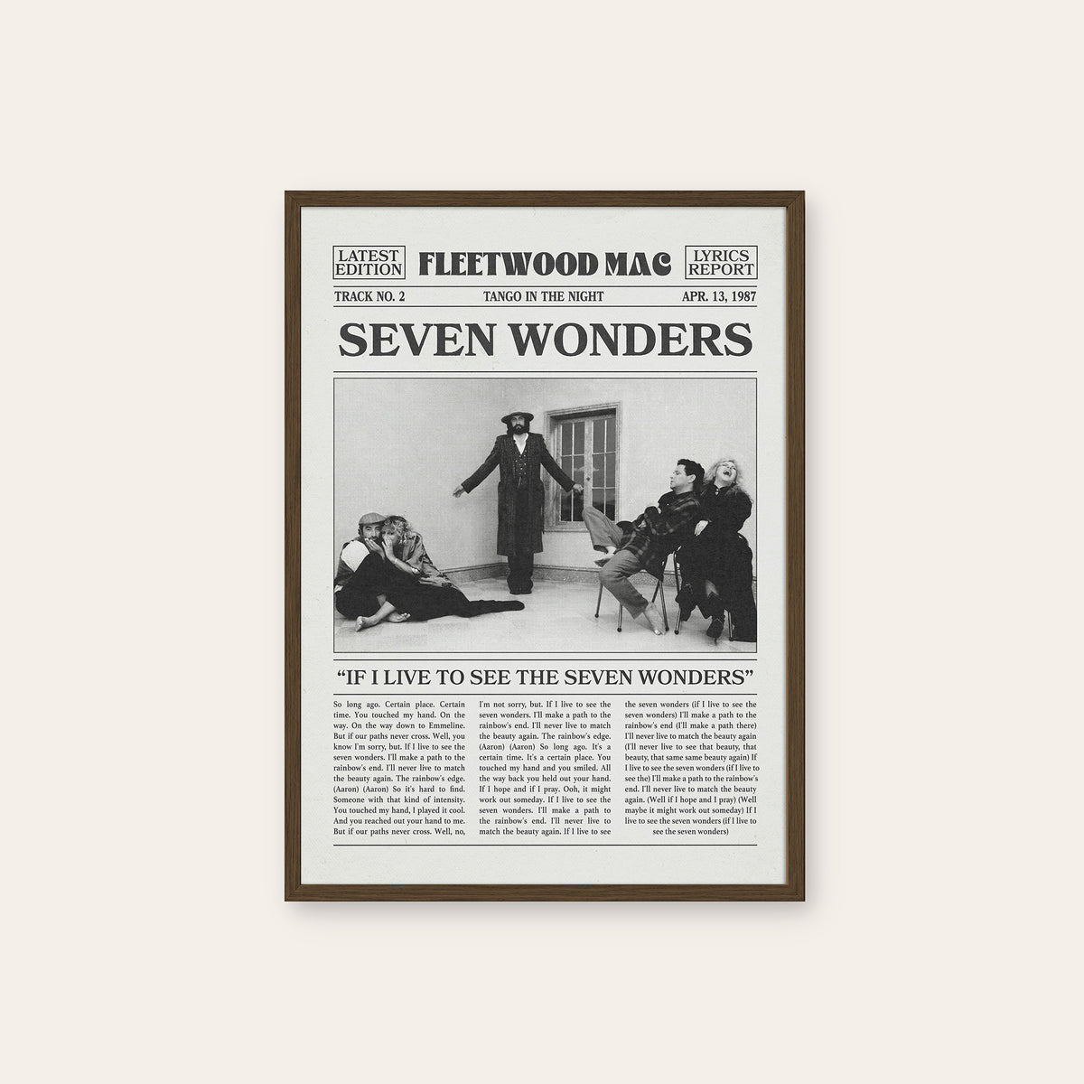Fleetwood Mac Seven Wonders newspaper poster — dark wood frame
