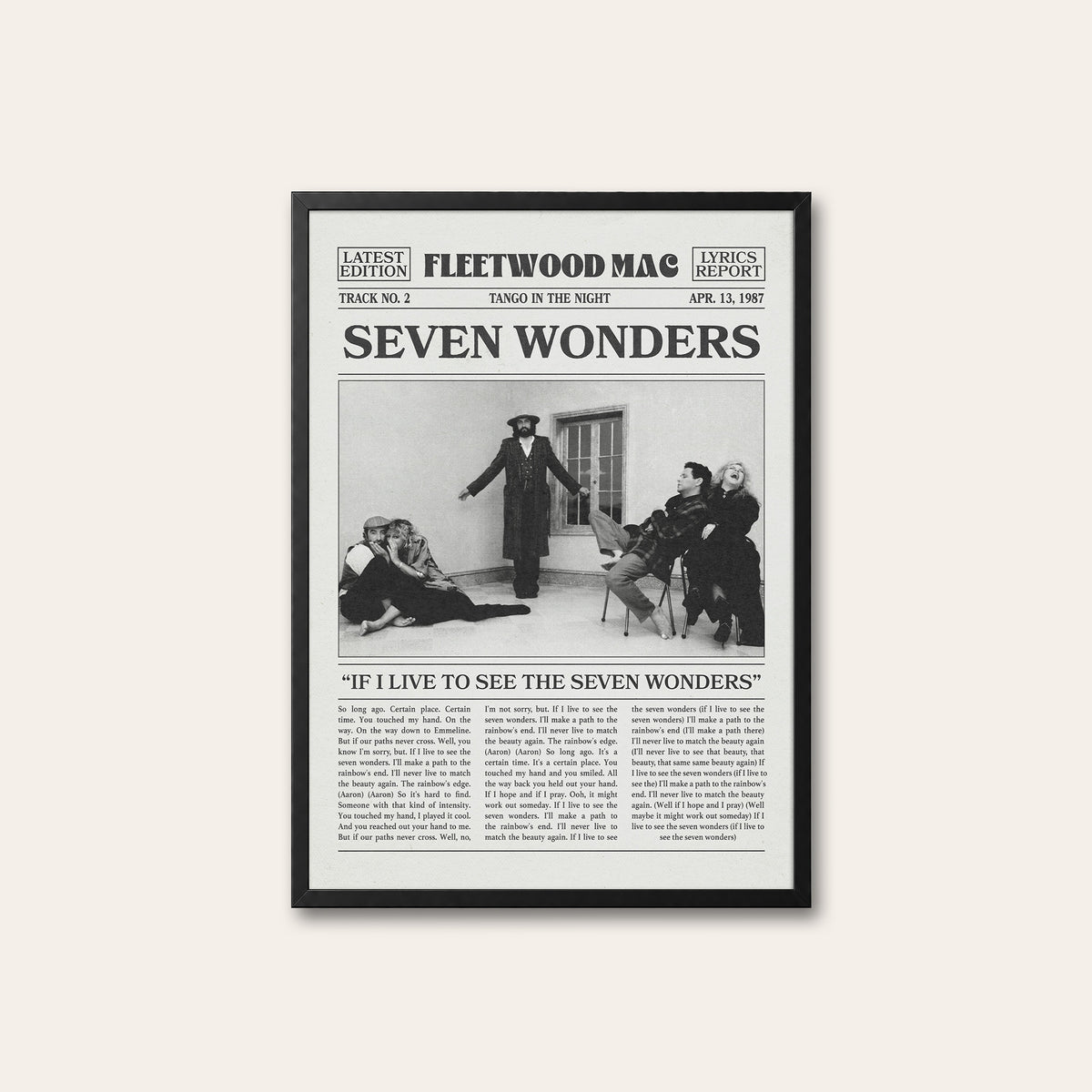 Fleetwood Mac Seven Wonders newspaper poster — black frame