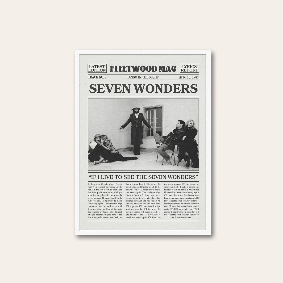 Fleetwood Mac Seven Wonders newspaper poster — white frame