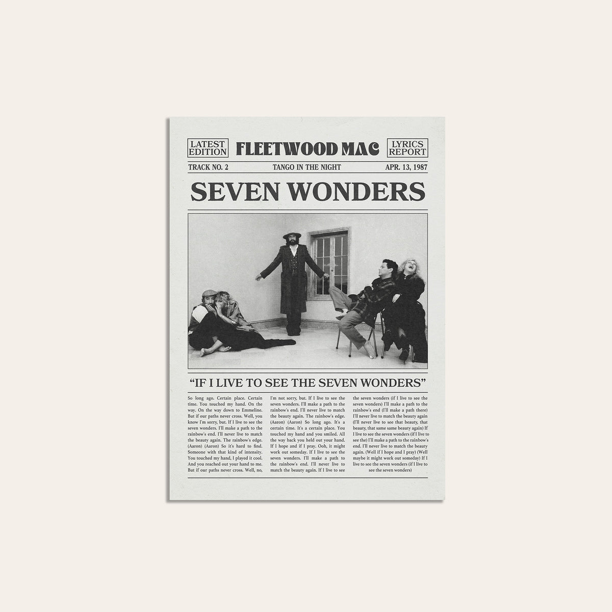 Fleetwood Mac Seven Wonders newspaper poster — unframed print