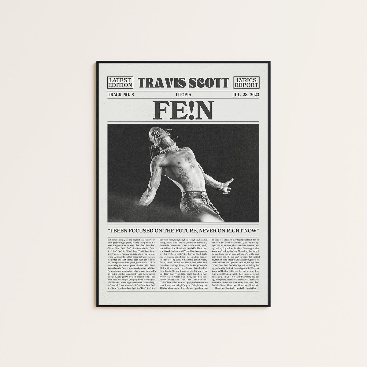 Travis Scott FE!N newspaper poster, B&W — black frame display