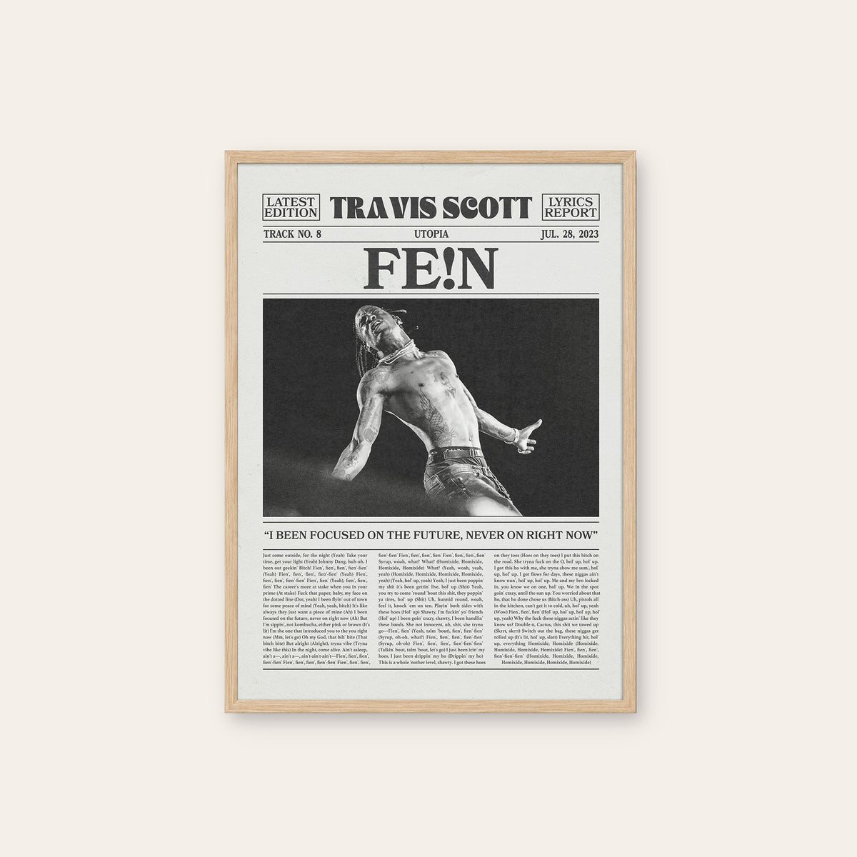 Travis Scott FE!N newspaper poster, B&W — natural wood frame