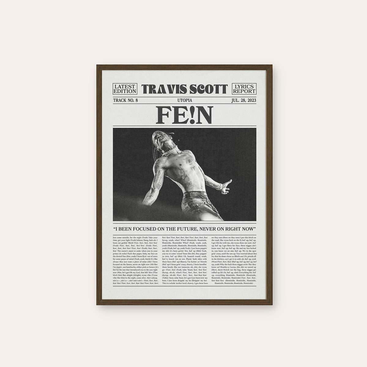 Travis Scott FE!N newspaper poster, B&W — dark wood frame