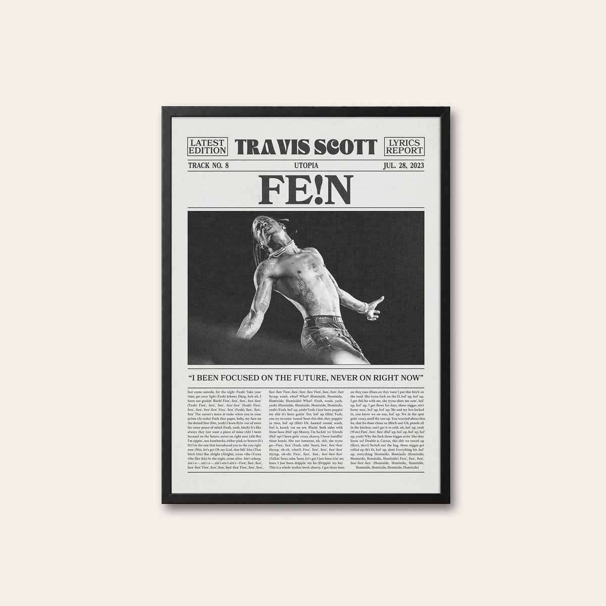 Travis Scott FE!N newspaper poster, B&W — black frame