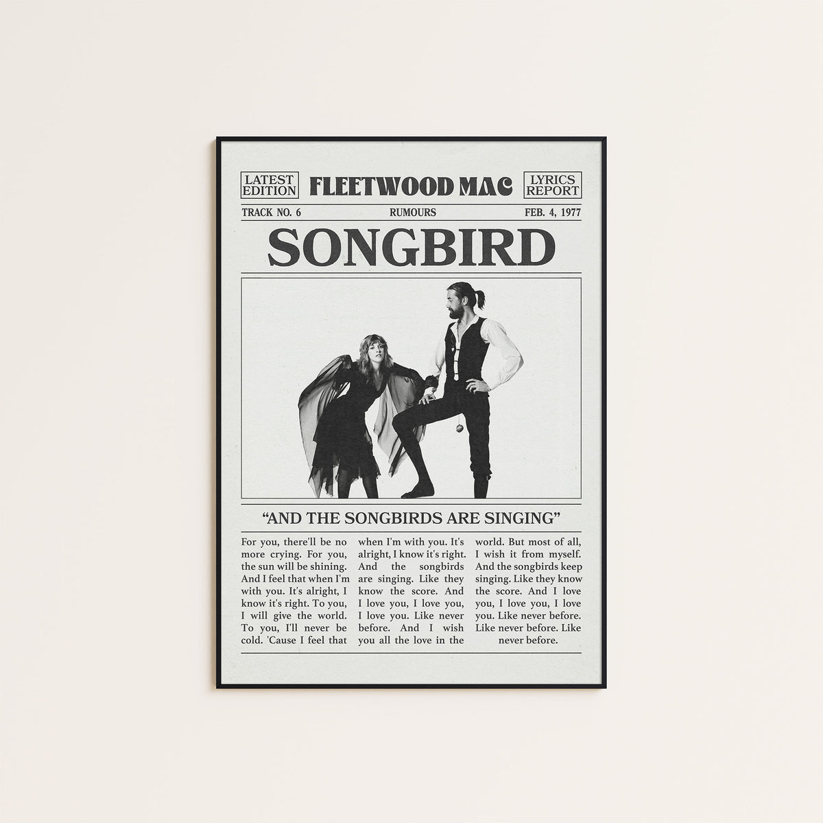 Fleetwood Mac Songbird newspaper poster — black frame display