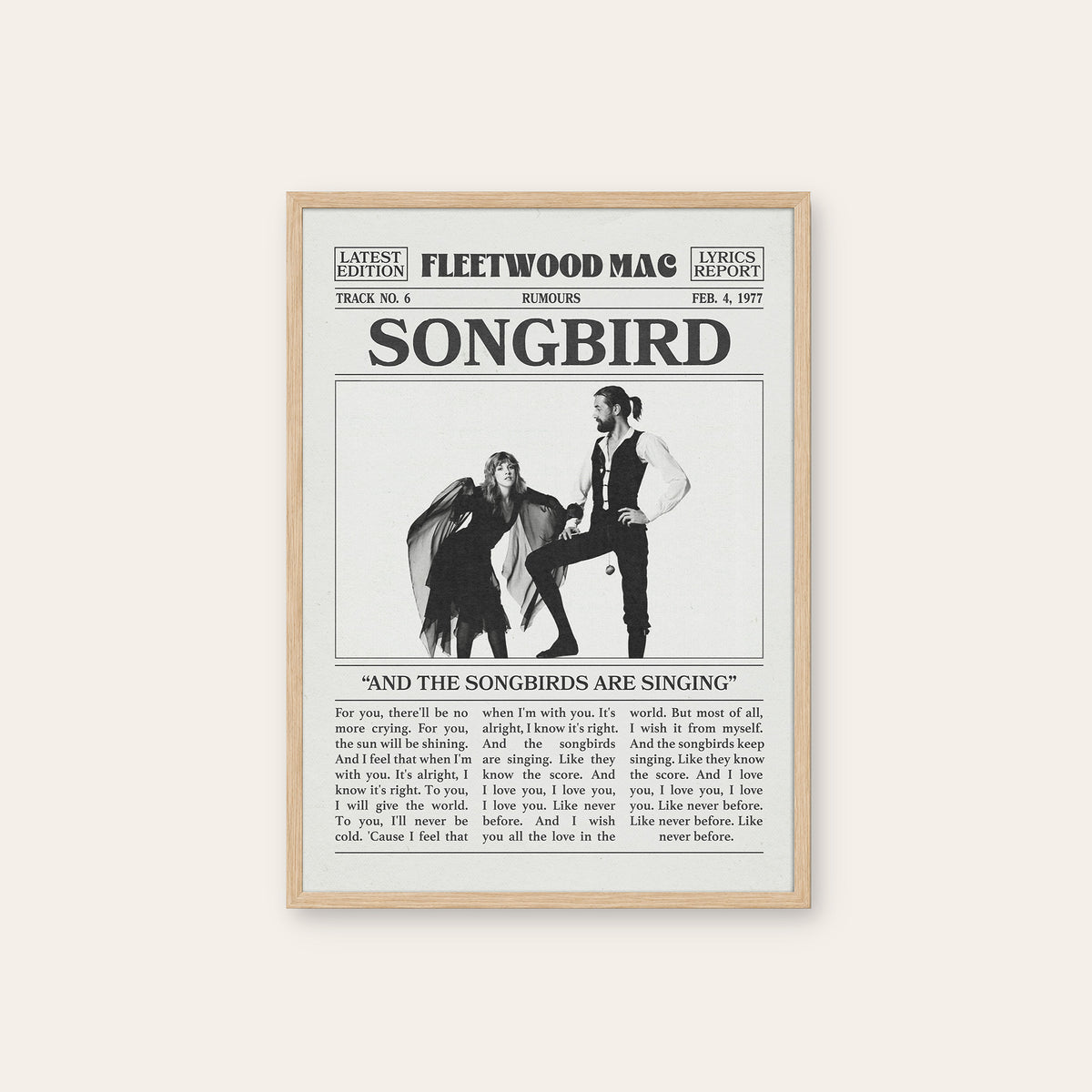 Fleetwood Mac Songbird newspaper poster — natural wood frame