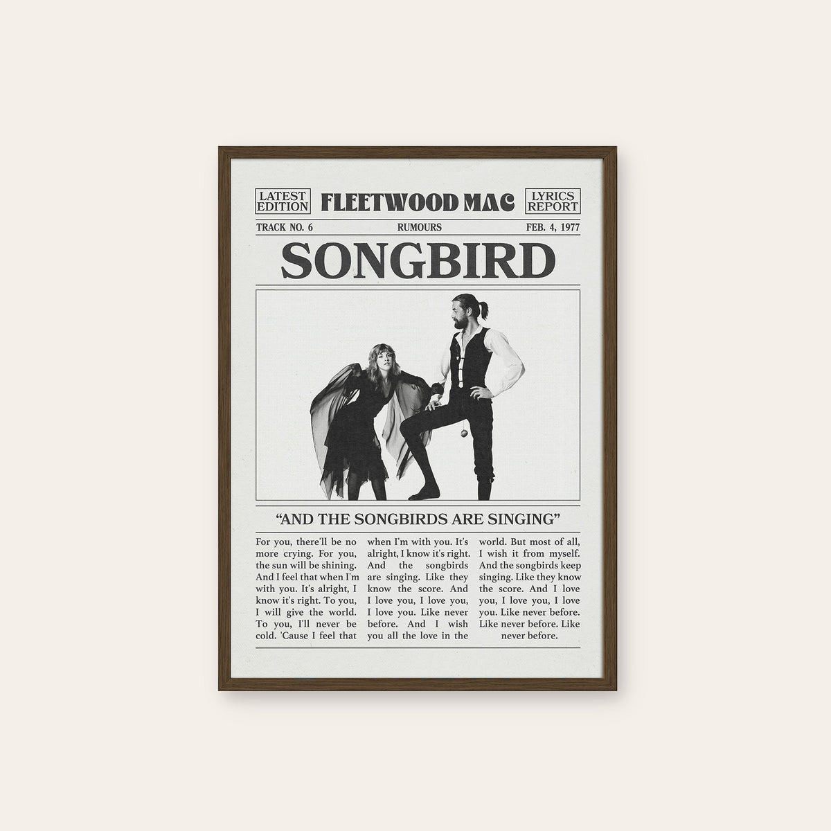 Fleetwood Mac Songbird newspaper poster — dark wood frame