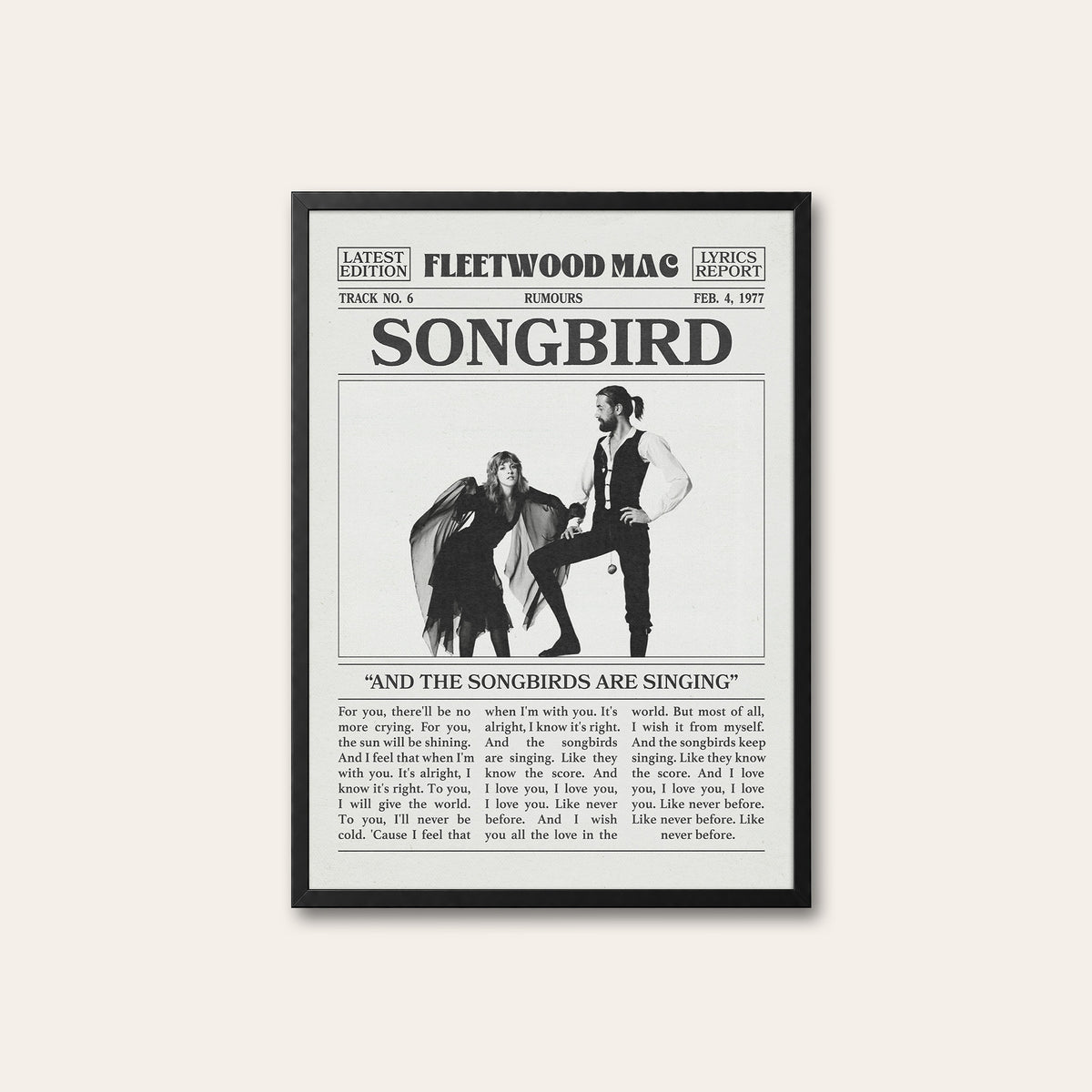 Fleetwood Mac Songbird newspaper poster — black frame