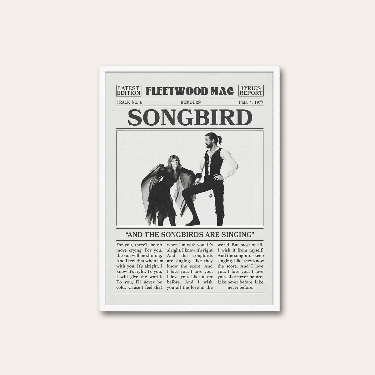 Fleetwood Mac Songbird newspaper poster — white frame