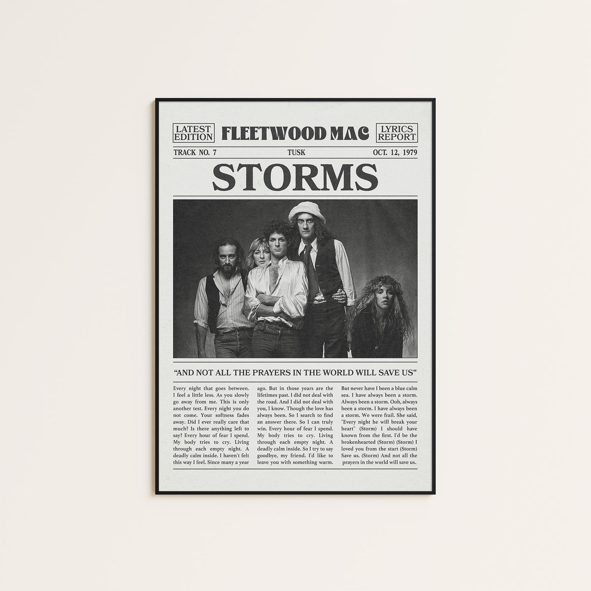 Fleetwood Mac Storms newspaper poster — black frame display