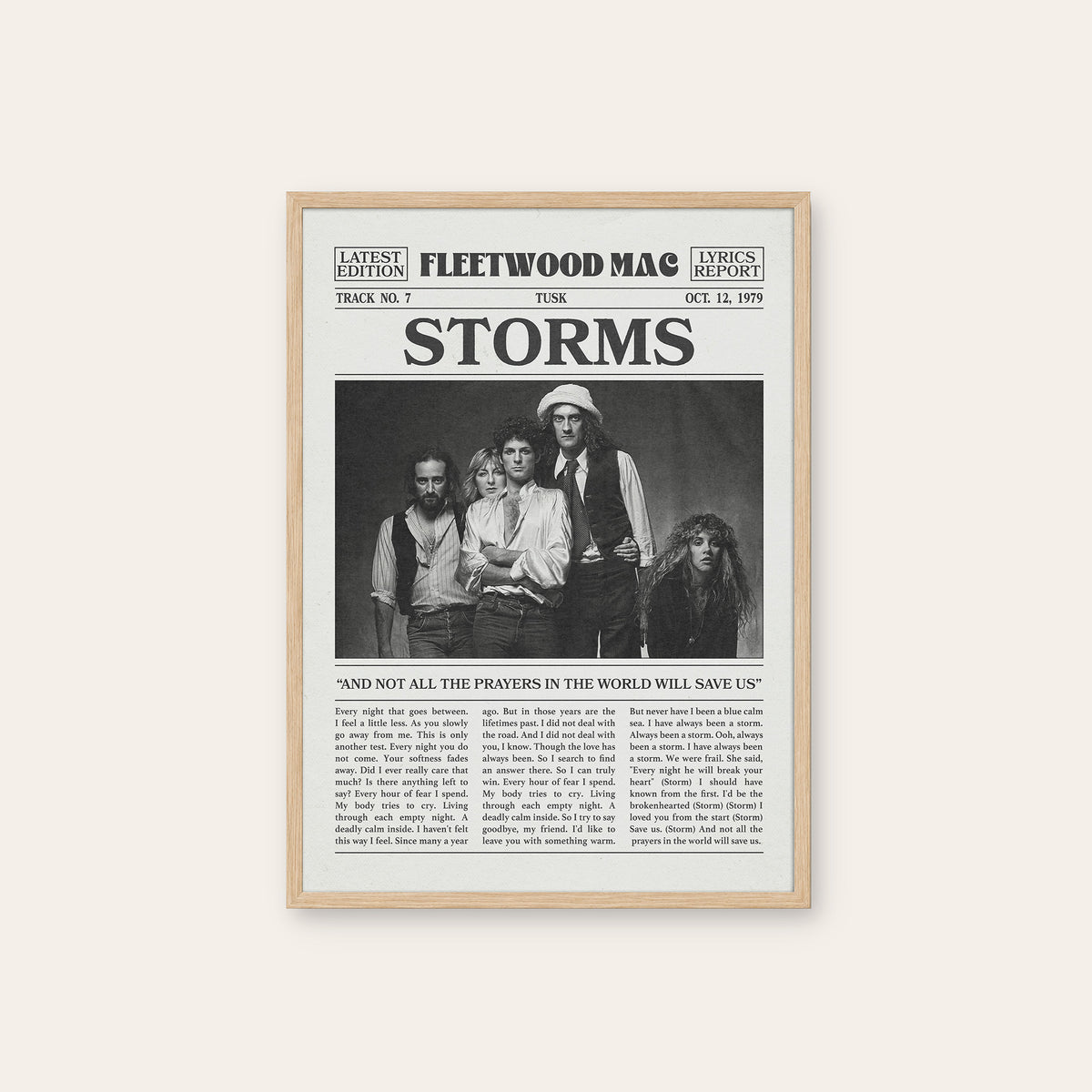 Fleetwood Mac Storms newspaper poster — natural wood frame