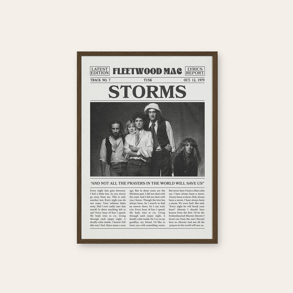 Fleetwood Mac Storms newspaper poster — dark wood frame