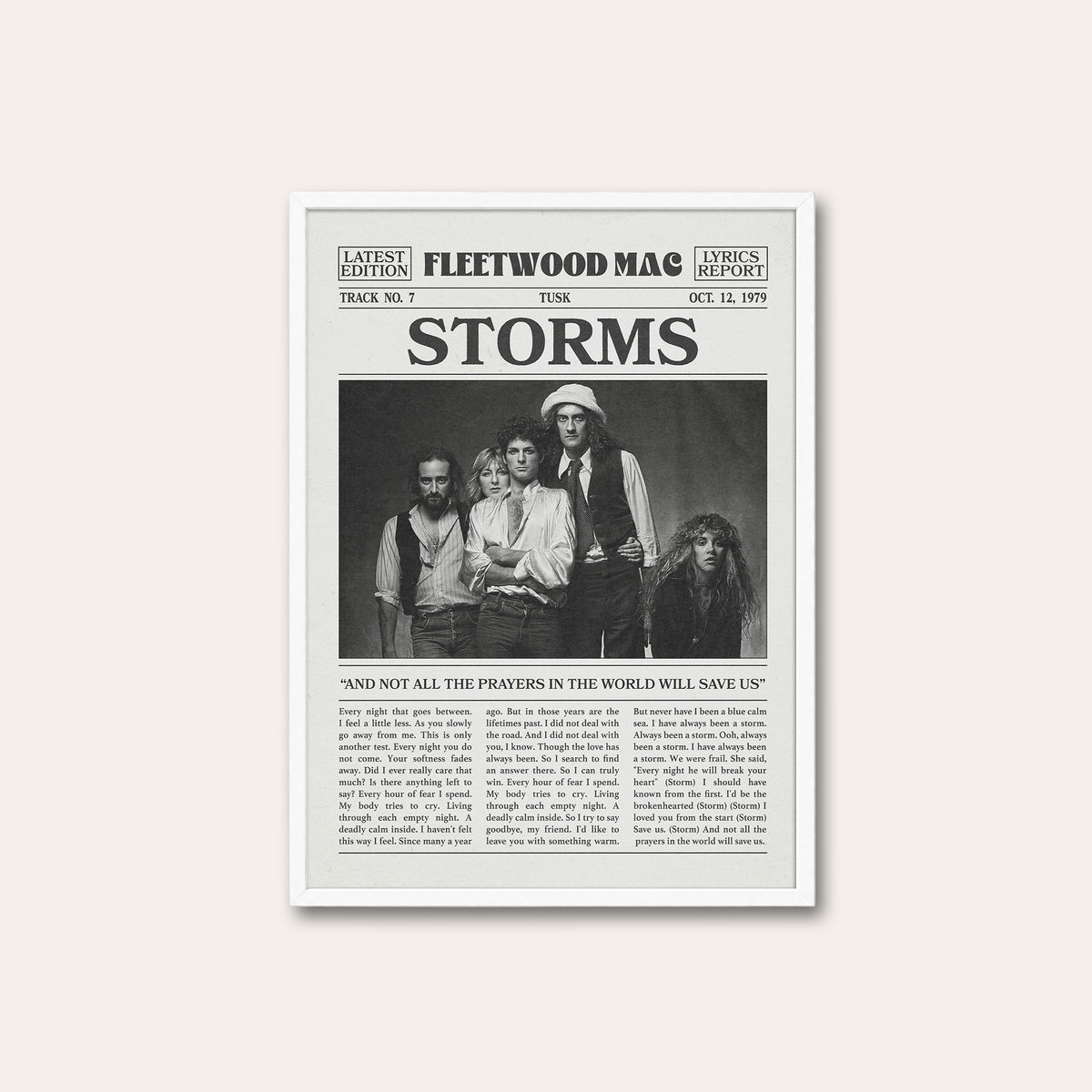 Fleetwood Mac Storms newspaper poster — white frame