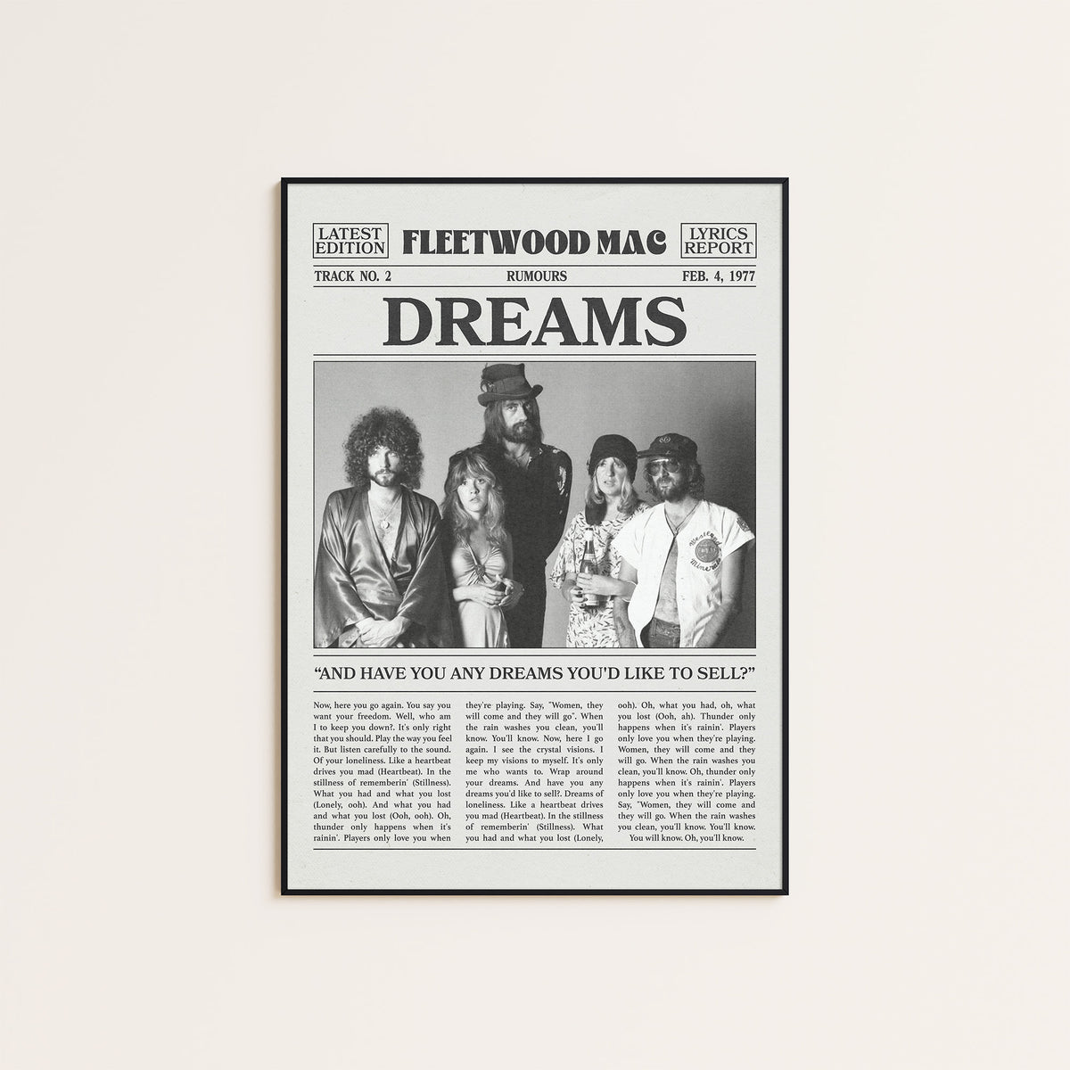 Fleetwood Mac Dreams Band Portrait newspaper poster — black frame display