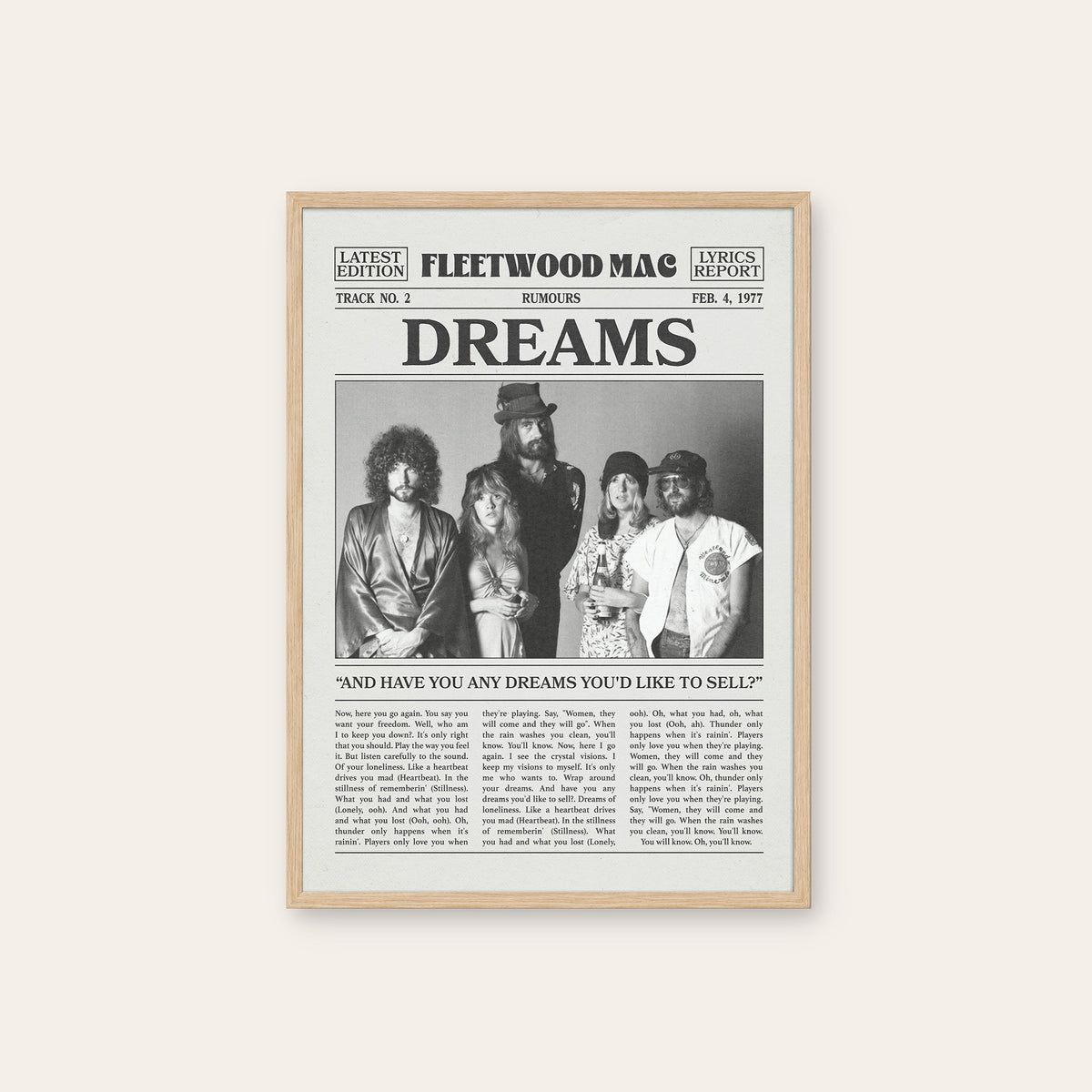 Fleetwood Mac Dreams Band Portrait newspaper poster — natural wood frame