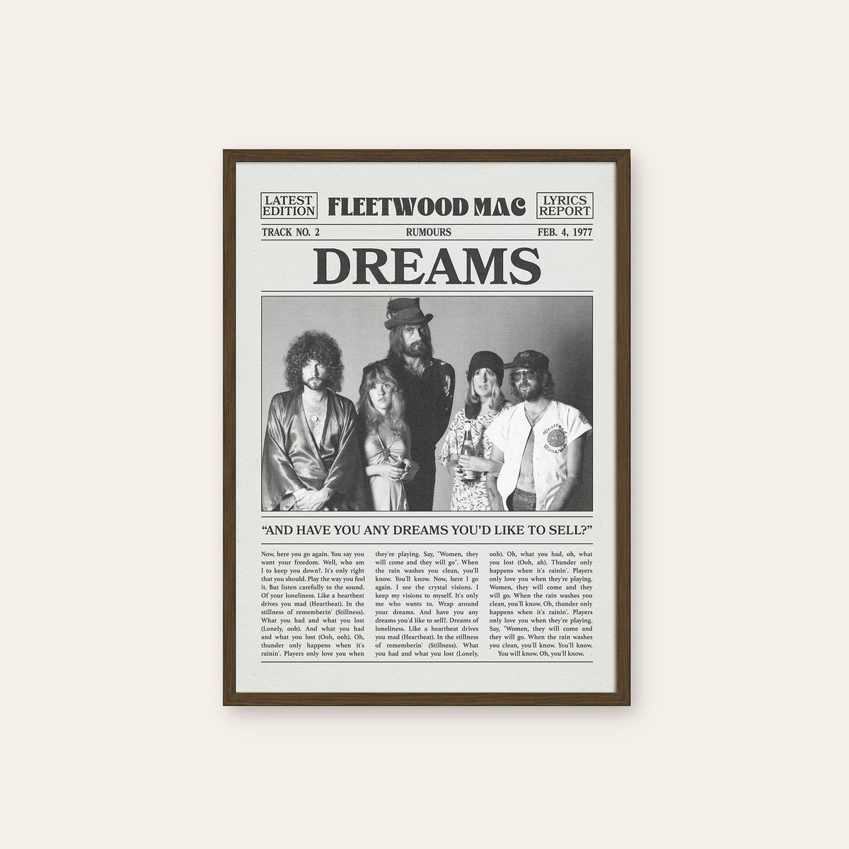 Fleetwood Mac Dreams Band Portrait newspaper poster — dark wood frame