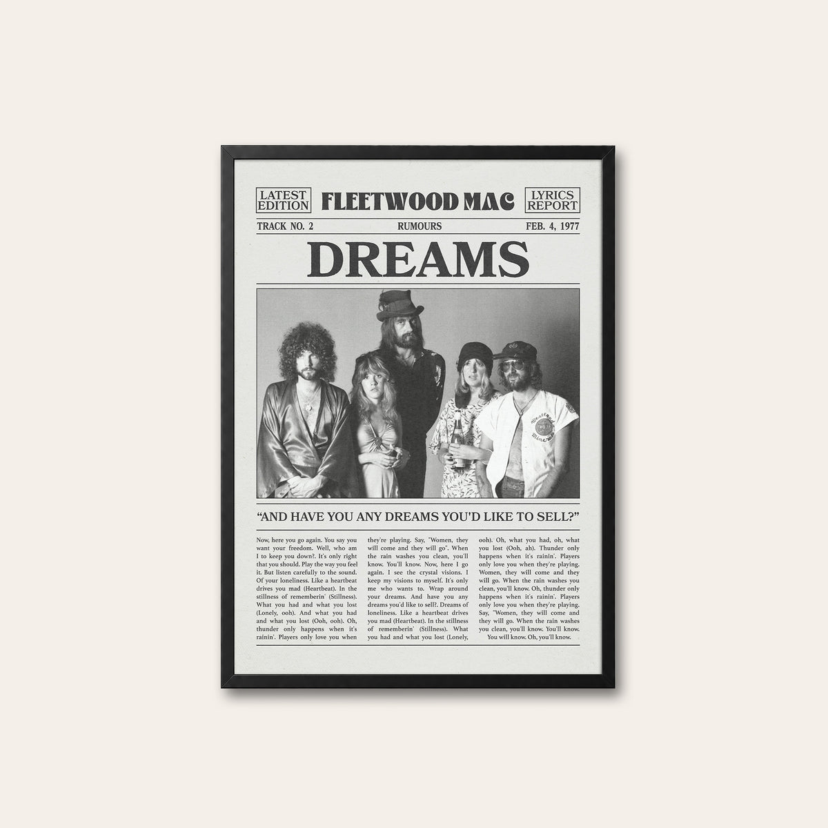 Fleetwood Mac Dreams Band Portrait newspaper poster — black frame