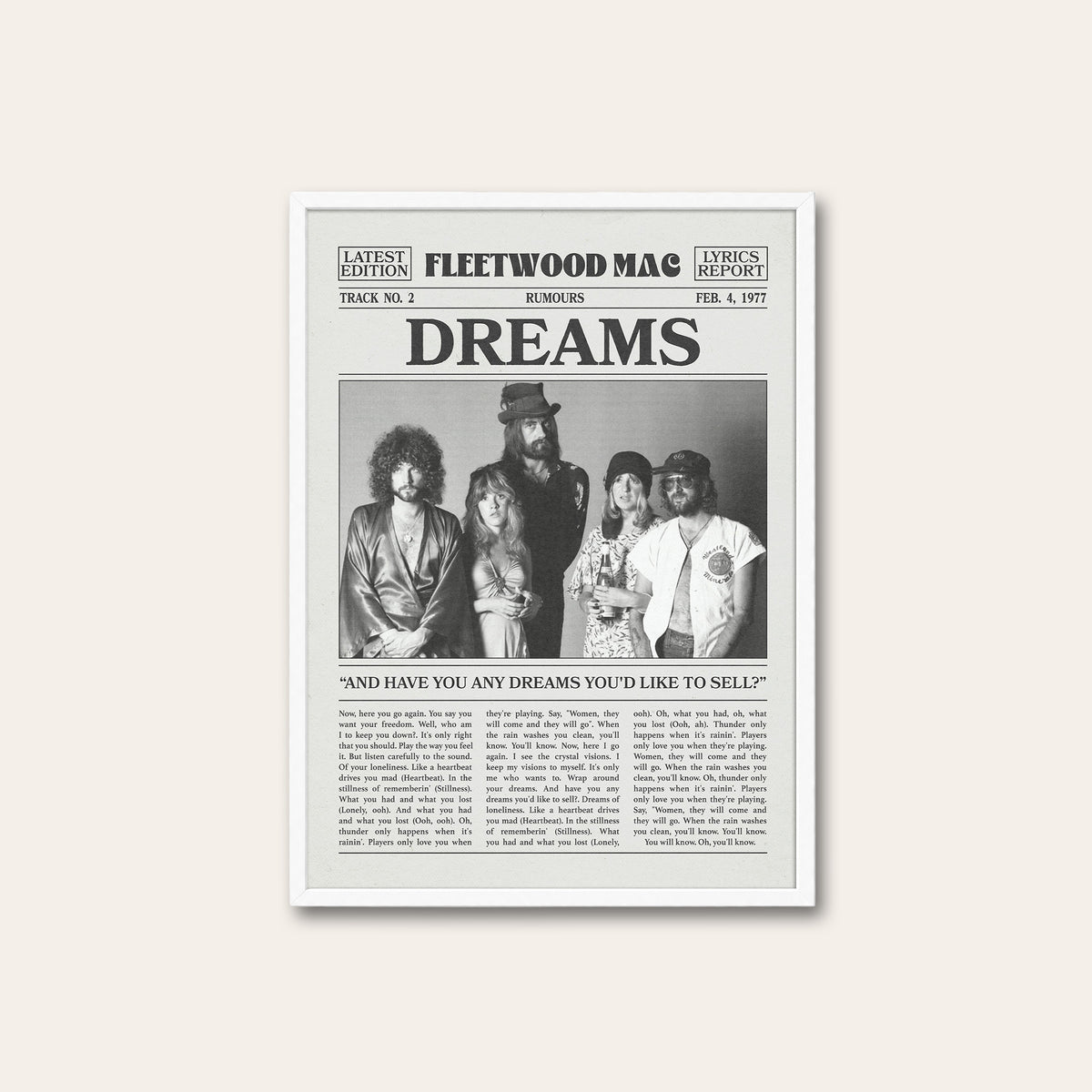 Fleetwood Mac Dreams Band Portrait newspaper poster — white frame