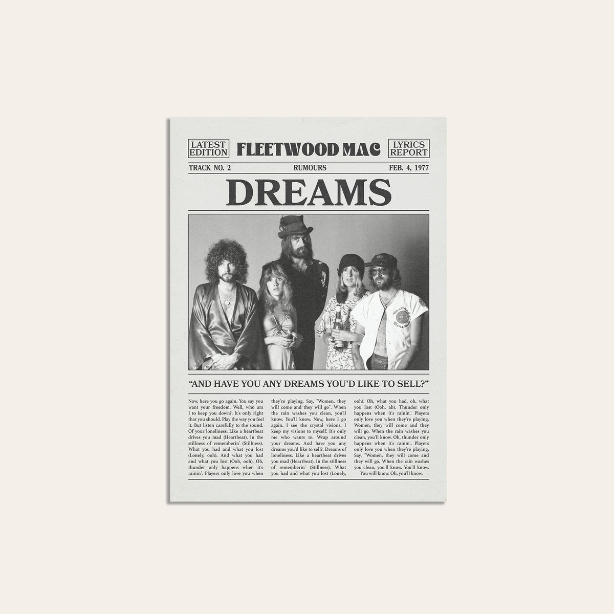 Fleetwood Mac Dreams Band Portrait newspaper poster — unframed print