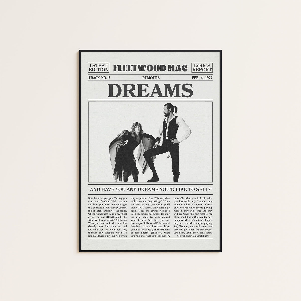 Fleetwood Mac Dreams Rumours Portrait newspaper poster — black frame display
