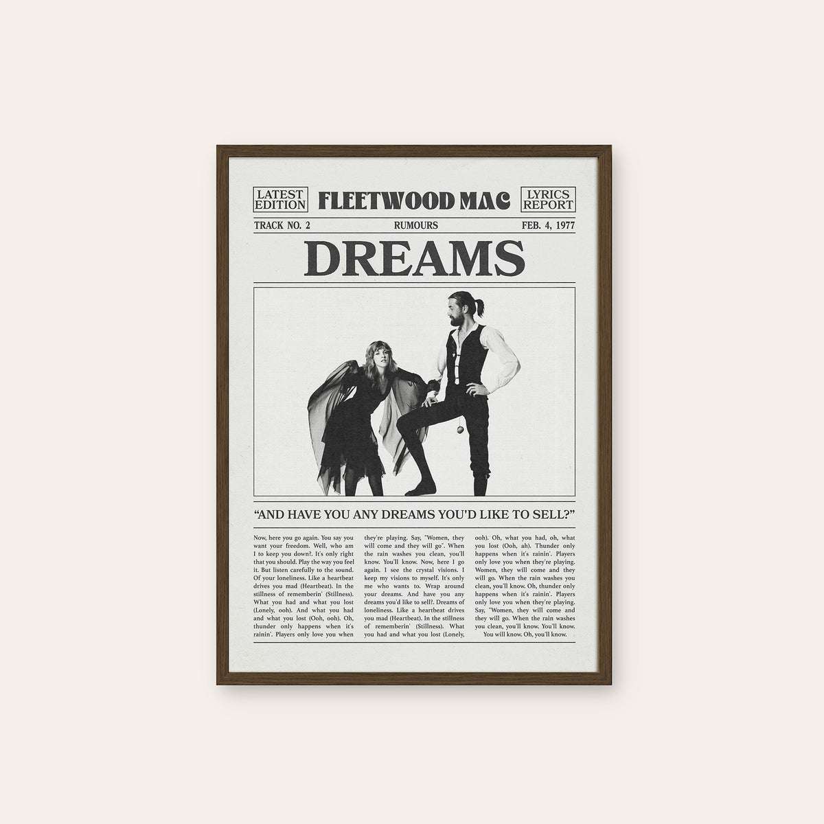 Fleetwood Mac Dreams Rumours Portrait newspaper poster — dark wood frame