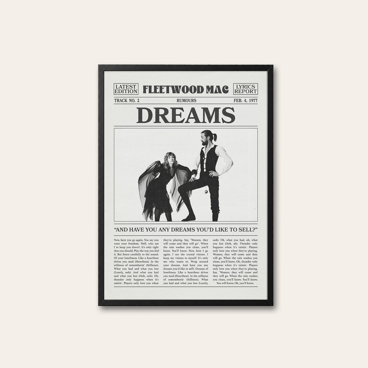 Fleetwood Mac Dreams Rumours Portrait newspaper poster — black frame