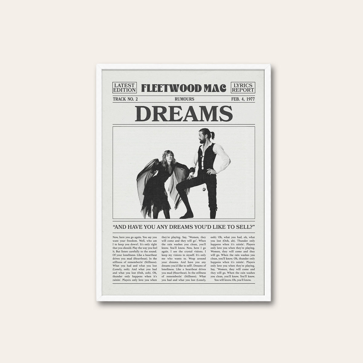 Fleetwood Mac Dreams Rumours Portrait newspaper poster — white frame