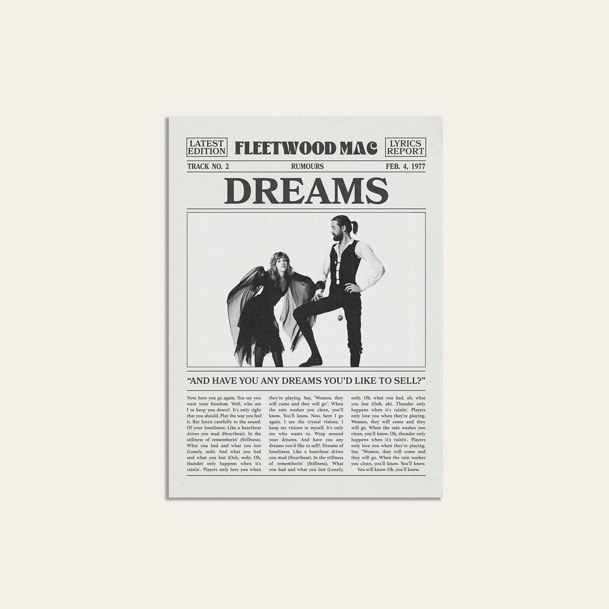 Fleetwood Mac Dreams Rumours Portrait newspaper poster — unframed print