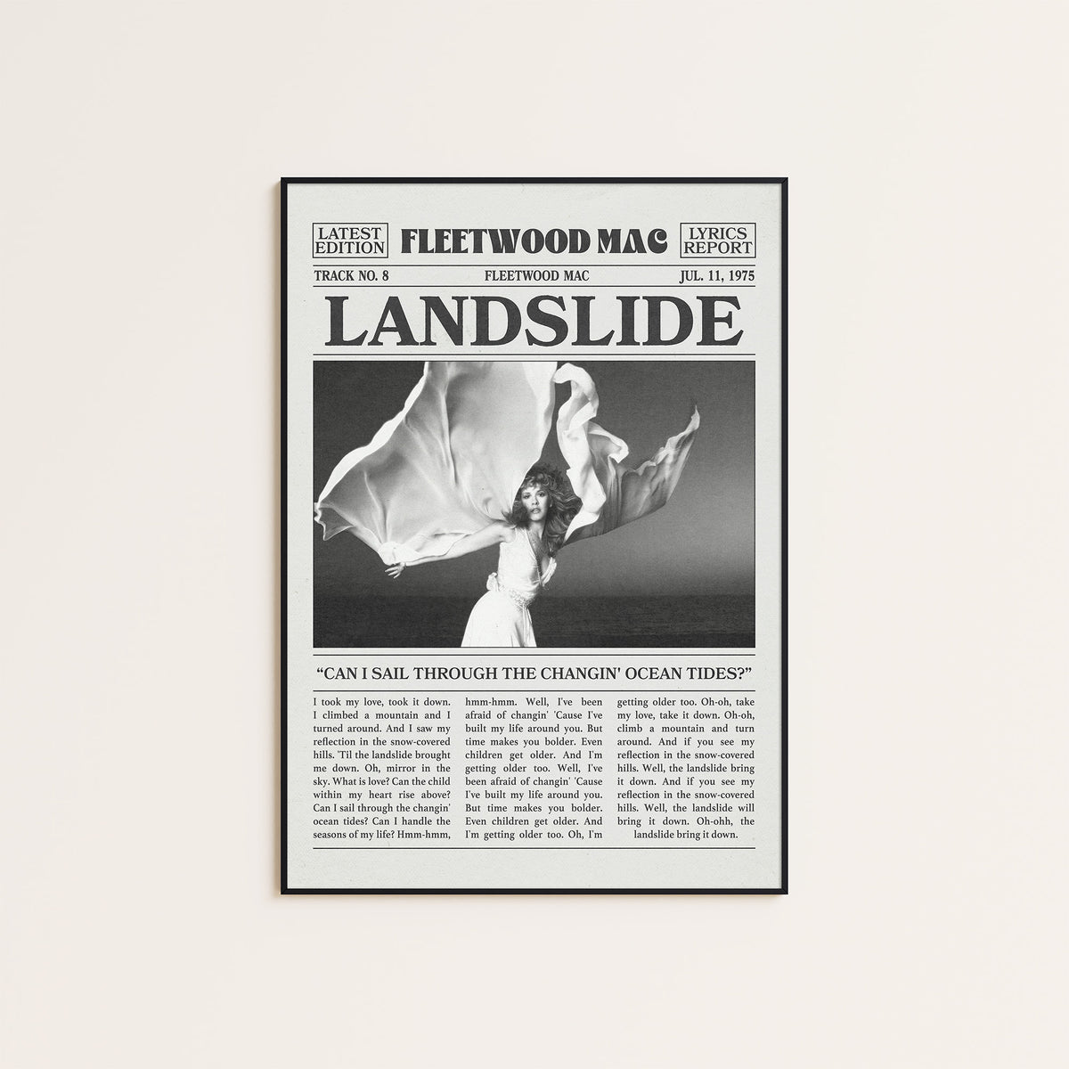 Fleetwood Mac Landslide newspaper poster — black frame display