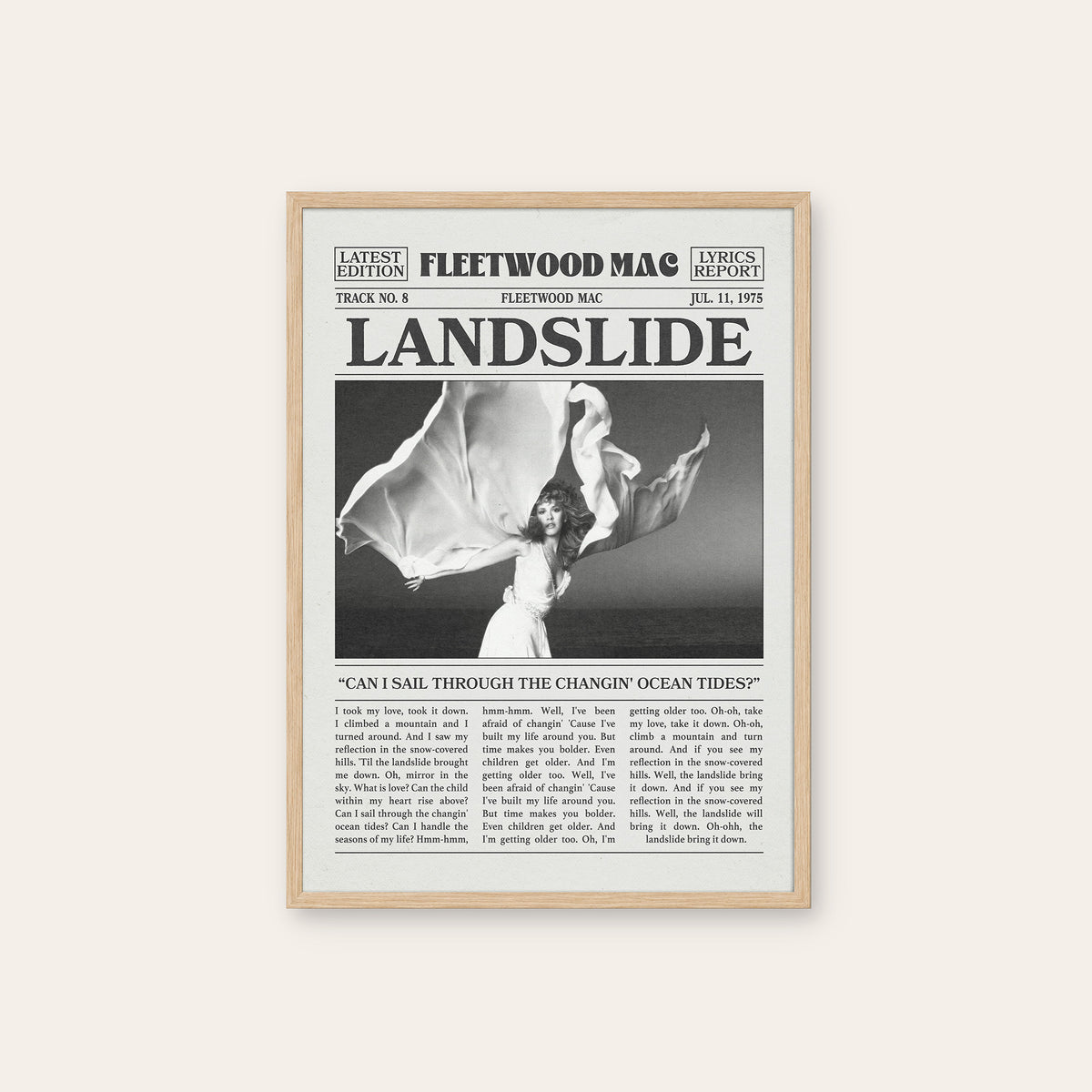 Fleetwood Mac Landslide newspaper poster — natural wood frame