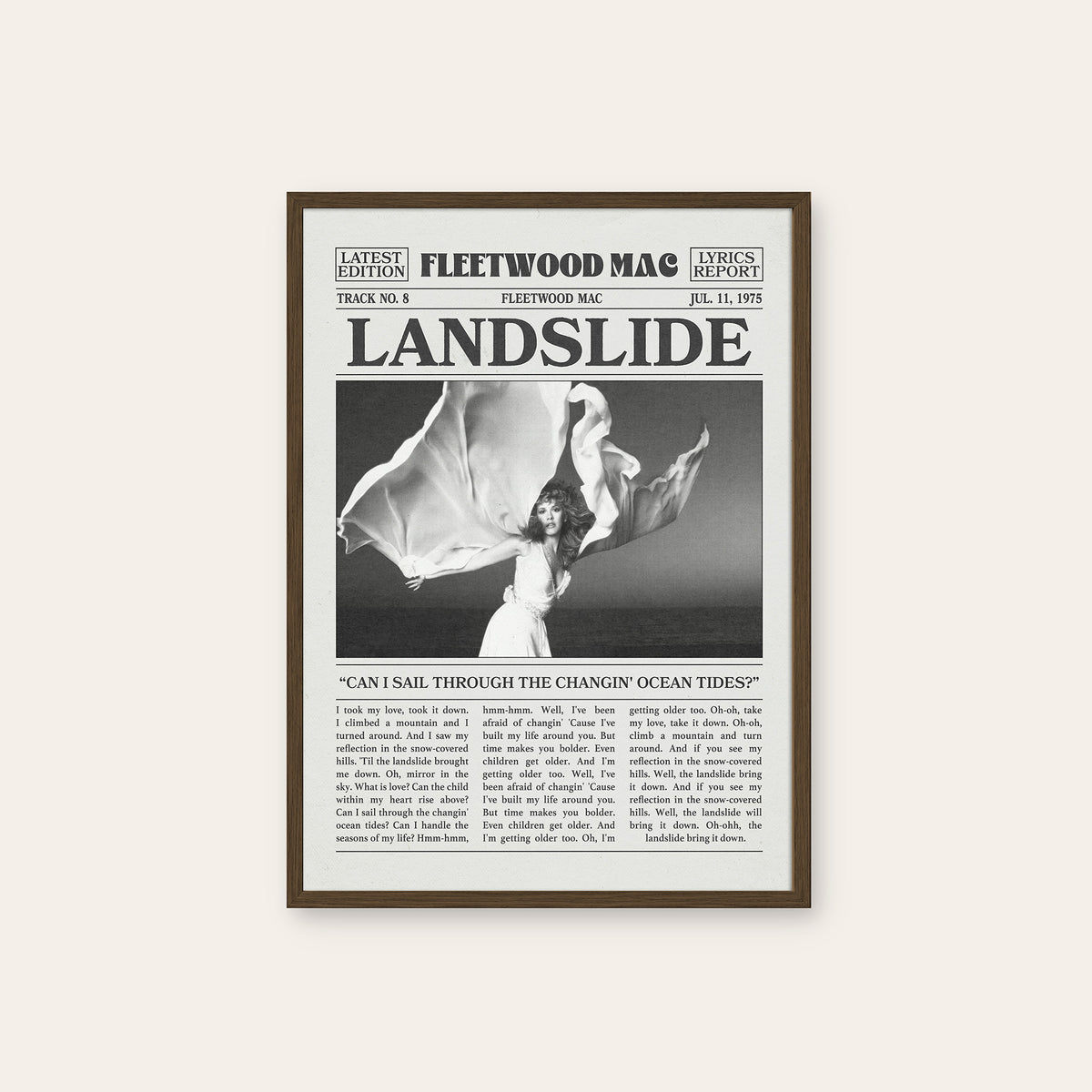 Fleetwood Mac Landslide newspaper poster — dark wood frame