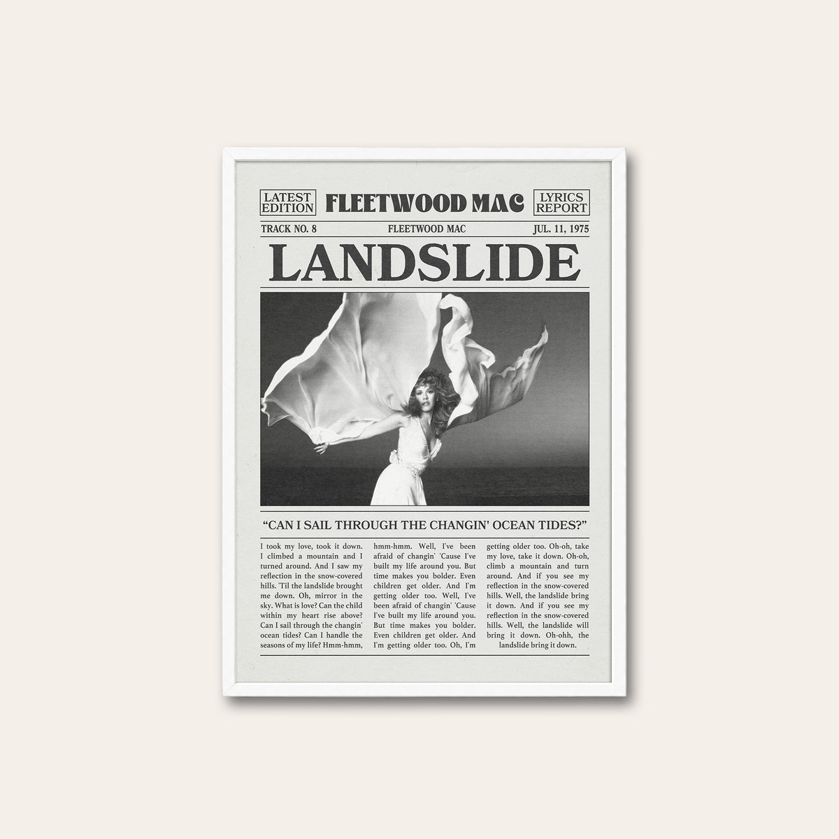 Fleetwood Mac Landslide newspaper poster — white frame