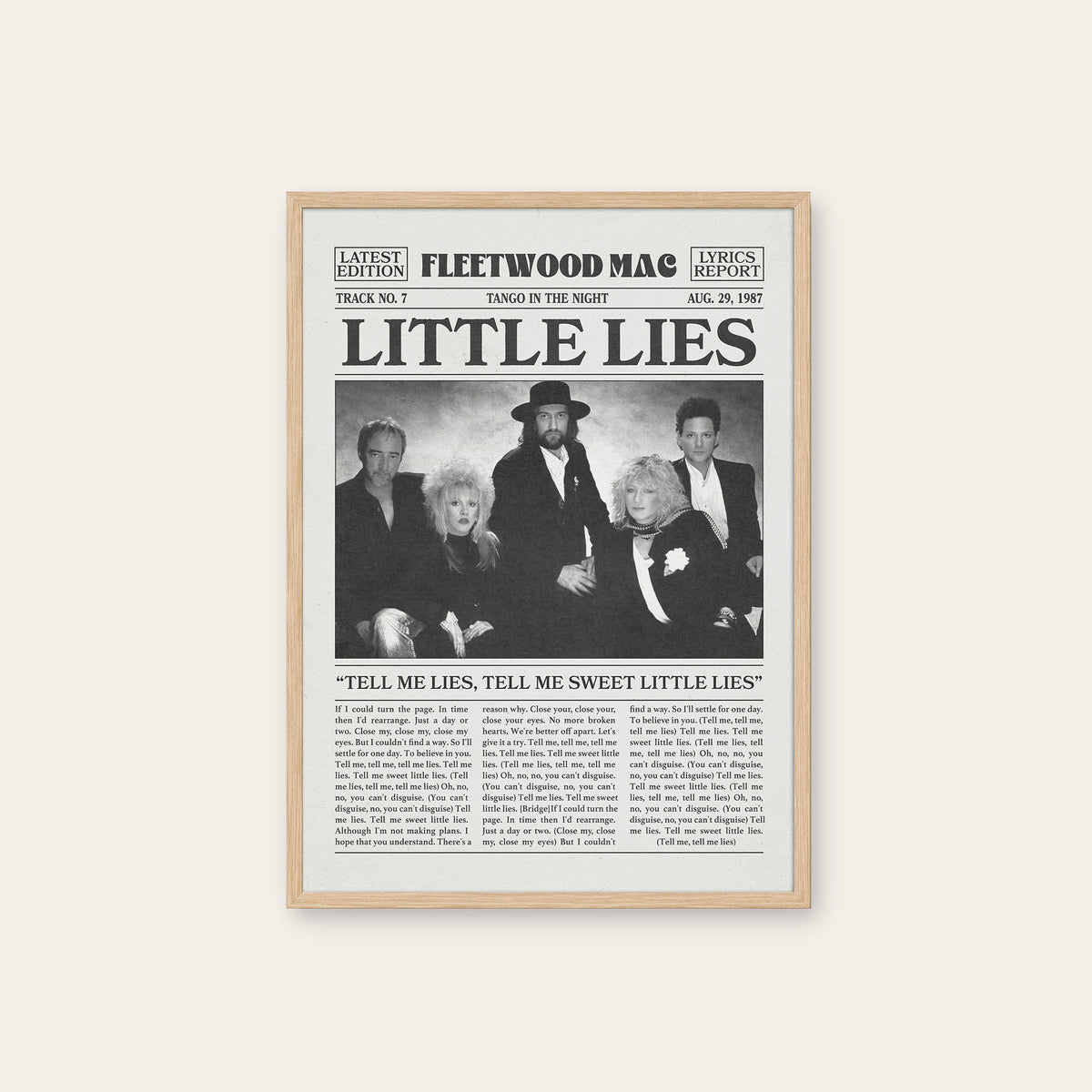 Fleetwood Mac Little Lies newspaper poster — natural wood frame